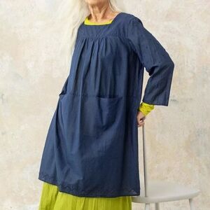 Gudrun Sjoden sheer voile cotton indigo blue tunic dress pockets M
